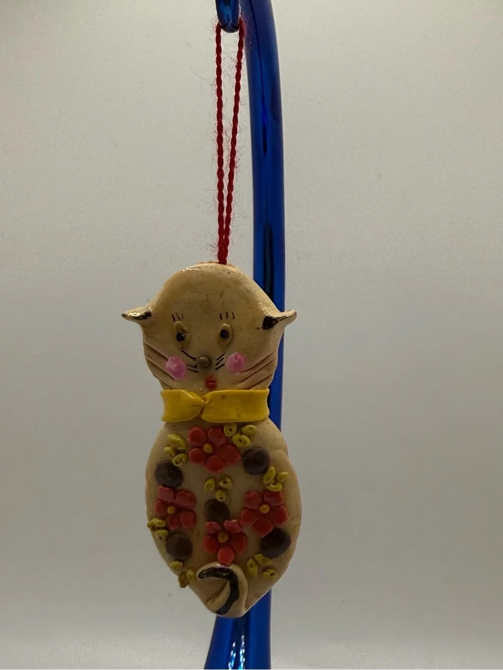 Vintage Handcrafted Cat Ornament with Pink Floral Accents Christmas mini